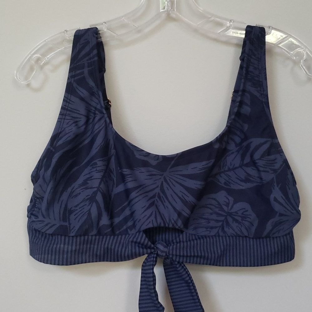 Kona Sol Bikini Top Sz Large Blue Tropical Stripe Tie Front